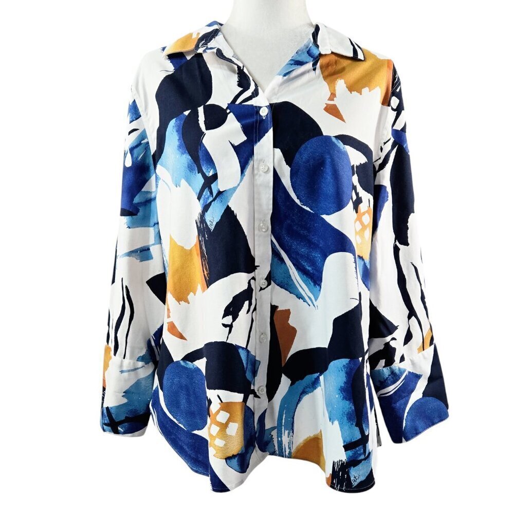 Chico's White Blue Abstract Geometric Button-Up Shirt Artsy Art to Wear
